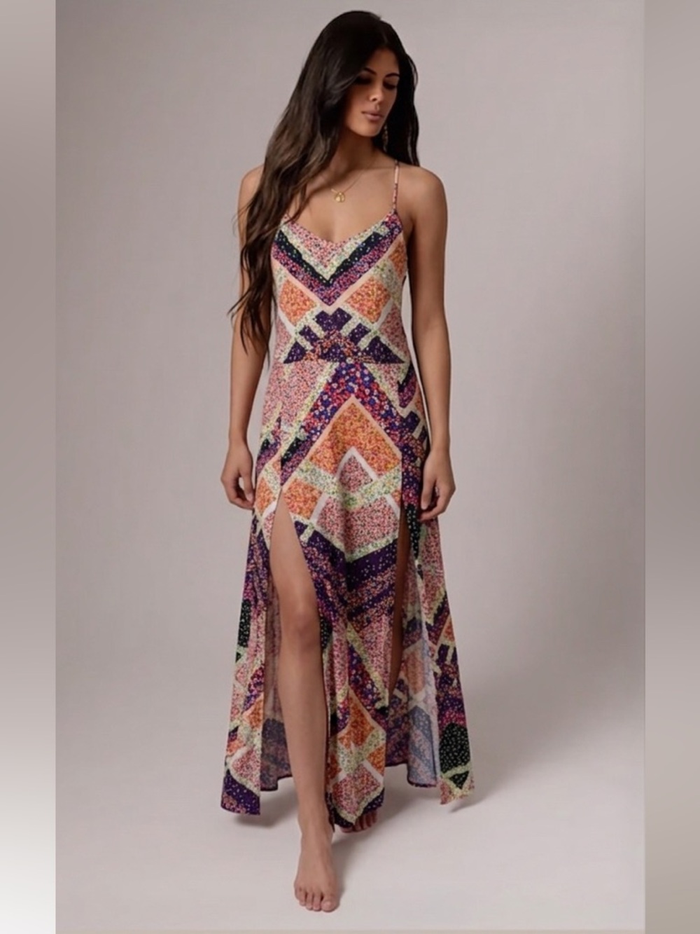 Colorful Sundress Side Slits Floral Slip Maxi Dress- Feminine, Hippie Boho S/M